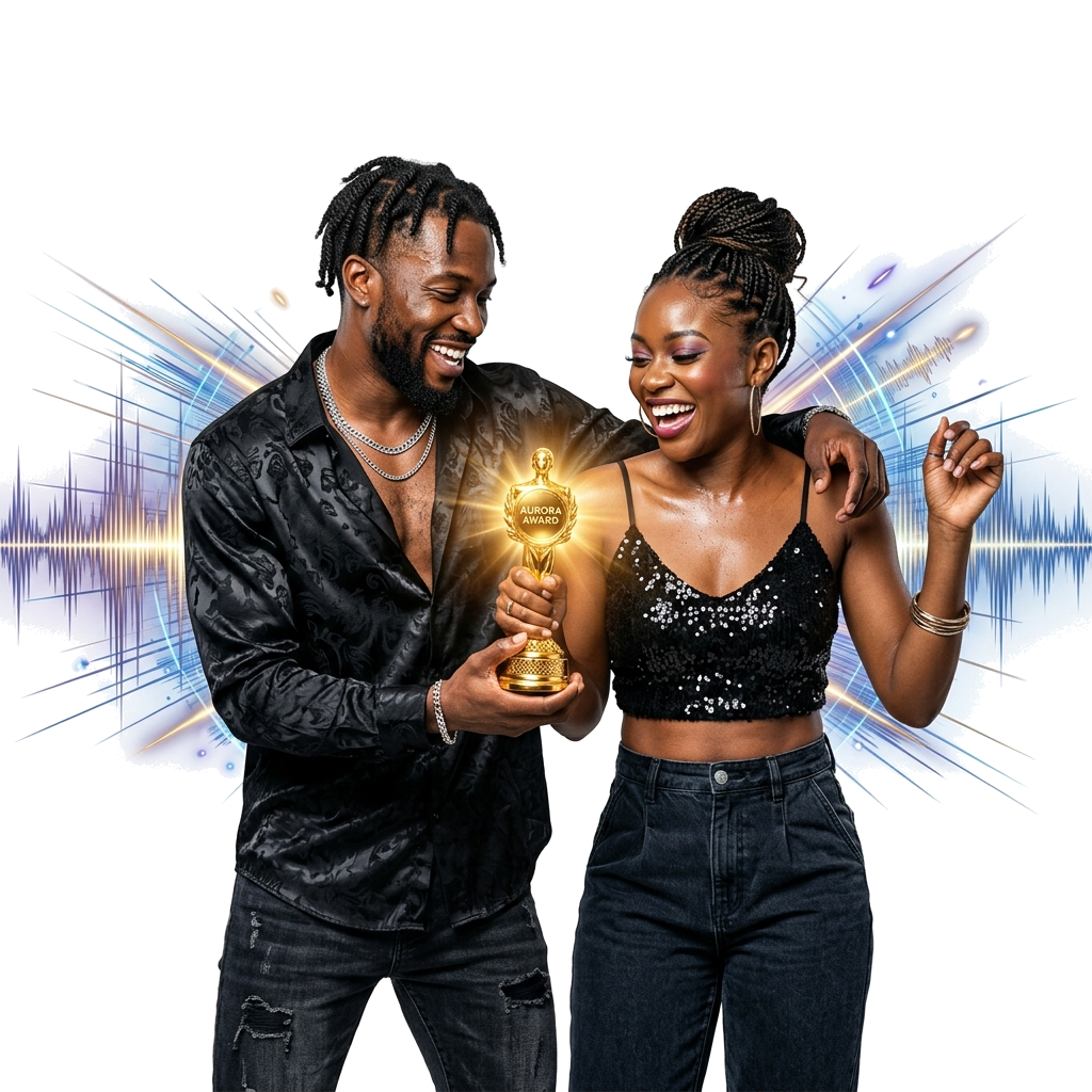 Couple africain-américain dansant avec un trophée, effet sonore